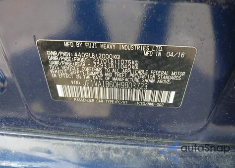 2017 Subaru Wrx z USA, uszkodzony, nr VIN JF1VA1B60H9803723